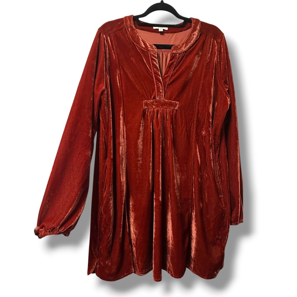 Easel Soft Velvet Babydoll Mini Tunic Dress Long Sleeve Rust Orange L Boho Luxe - Picture 3 of 12